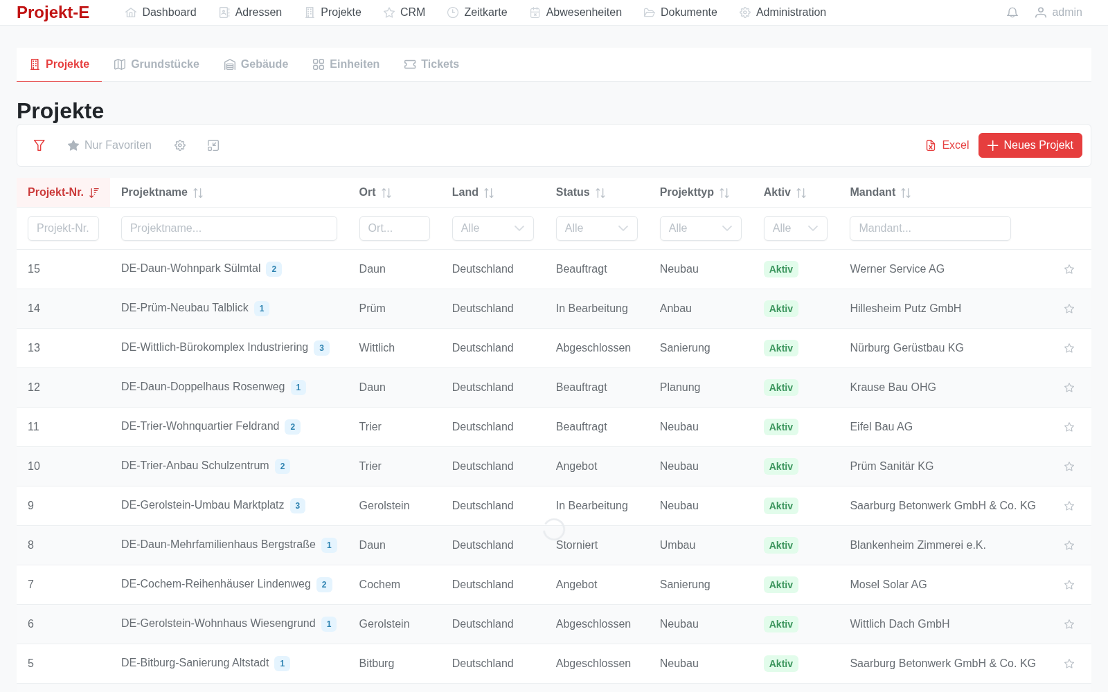 Projektliste mit Status, Projekttyp, Ort und Mandant