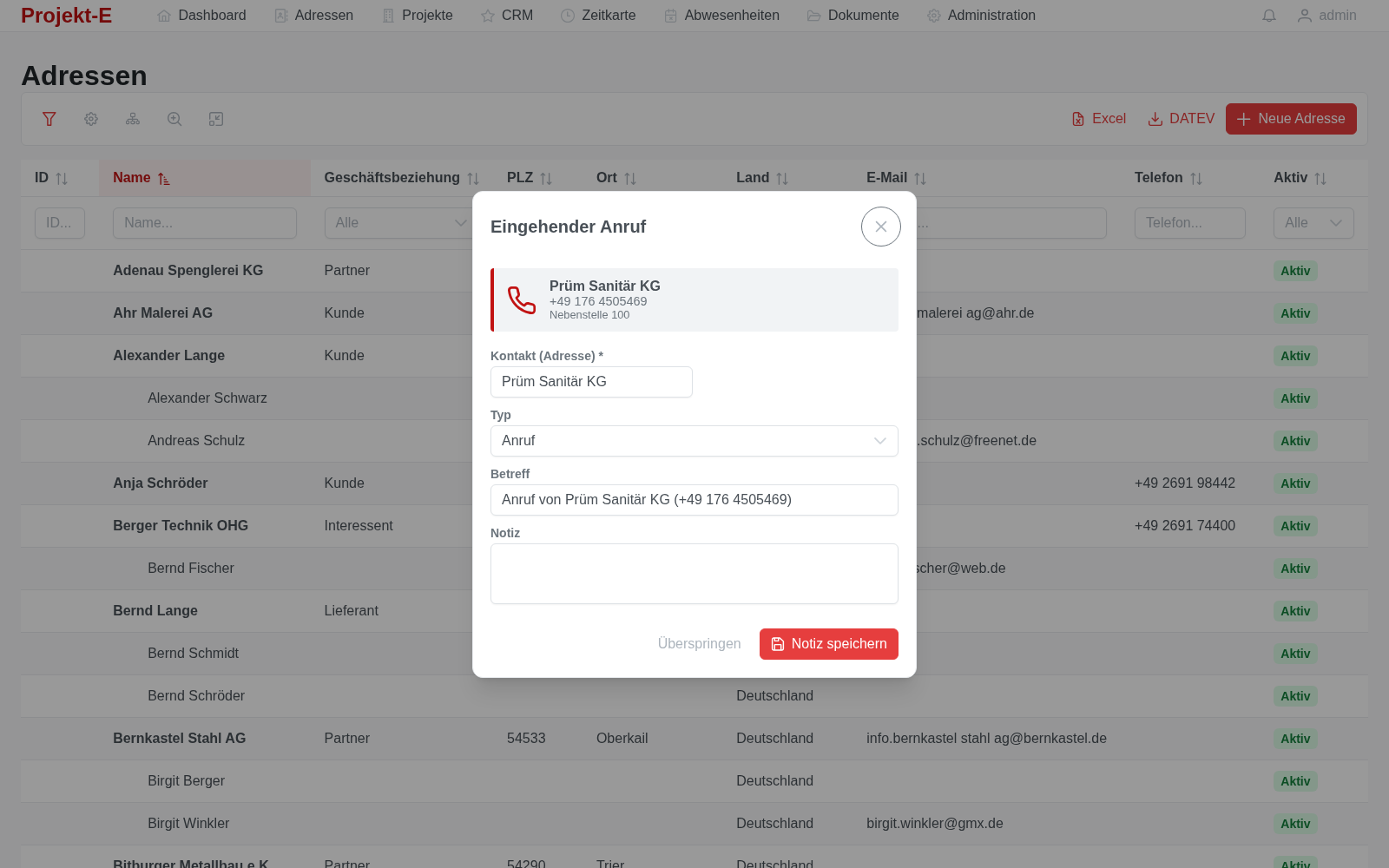 Popup bei eingehendem Anruf mit automatisch erkanntem Kontakt und Notizfeld